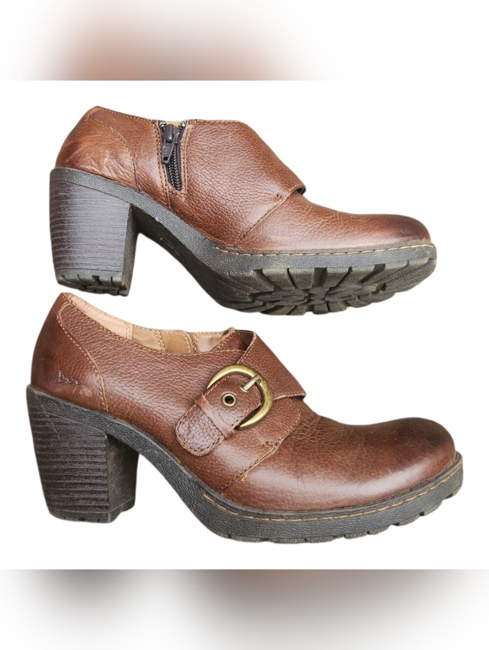 B.O.C Born Concept Brown Leather Buckle Mary Jane  Chunky Platform Pumps Size 8